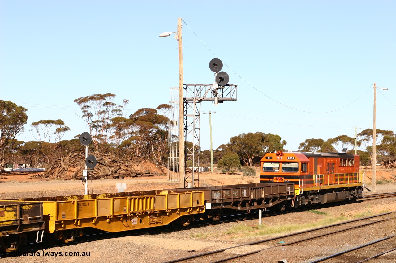 070529 9329
West Kalgoorlie, WGLA 30027 originally built by WAGR Midland Workshops in 1965 as WF type bogie flat waggon, to WFW in 1974, then converted to bagged nickel matte traffic WGLA type in 1984 and WGL 632 originally one of three units built by Westrail Midland Workshops in 1976-7 as WGL type bogie flat waggon for Western Mining Corporation for bagged nickel matte traffic.
Keywords: WGLA-type;WGLA30027;WAGR-Midland-WS;WF-type;WFW-type;WFDY-type;