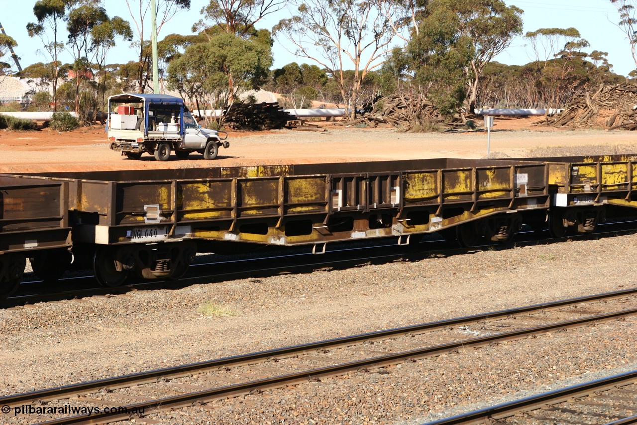 070529 9331
West Kalgoorlie, WGL 640 originally one of ten units built by Westrail Midland Workshops in 1975-76 as WFN type bogie flat waggon for Western Mining Corporation for nickel matte kibble traffic as WFN 609 and converted to WGL for bagged nickel matte in 1984.
Keywords: WGL-type;WGL640;Westrail-Midland-WS;WFN-type;WFN609;