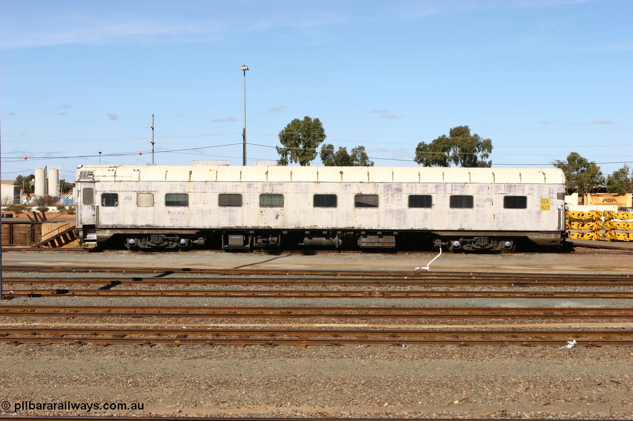 070529 9395
West Kalgoorlie, ECA 162 built by Comeng NSW in 1964 for Commonwealth Railways as a BRE type second class, air conditioned, twin berth staggered corridor steel sleeping car. Converted to ECA type crew car in 1991.
Keywords: ECA-type;ECA162;Comeng-NSW;BRE-type;BRE162;