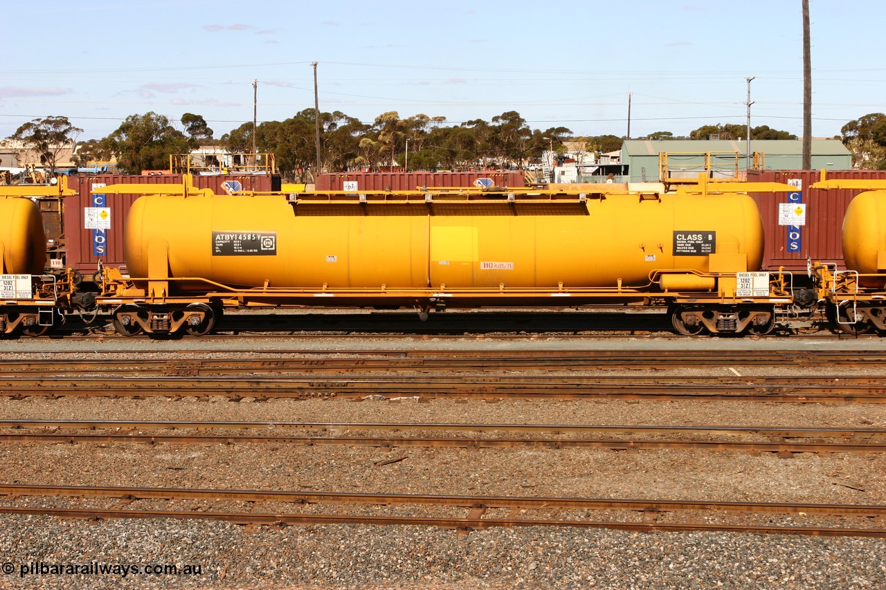 070529 9406
West Kalgoorlie, ATBY 14585 built by Westrail Midland Workshops in 1976 part of a batch of eight JPA type petrol tank waggons, recoded to JPAA in 1985, then WJPA when converted to SG.
Keywords: ATBY-type;ATBY14585;Westrail-Midland-WS;JPA-type;JPAA-type;WJPA-type;