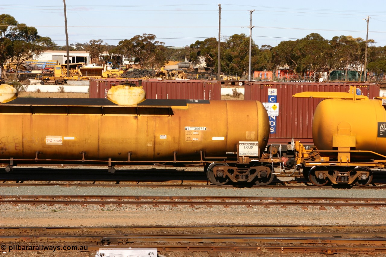 070529 9411
West Kalgoorlie, ATTY 30675 fuel tank waggon, one of five built by AE Goodwin NSW in 1970/71 as WST class, recoded to WSTY and then ATTY. 78600 litre capacity.
Keywords: ATTY-type;ATTY30675;AE-Goodwin;WST-type;WSTY-type;