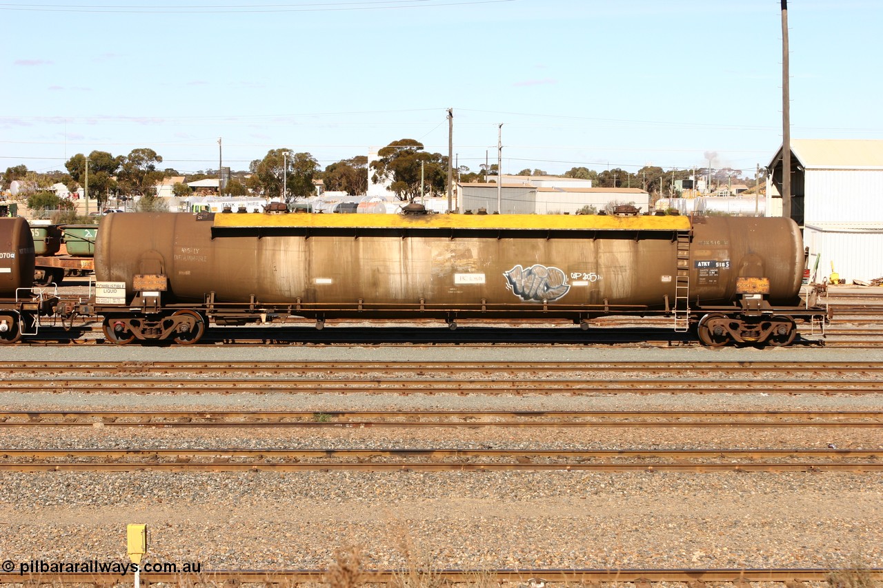 070529 9417
West Kalgoorlie, ATKY 516 fuel tank waggon built by Tulloch Ltd NSW in 1971 along with sister 515 for BP Oil as WJK type 93,000 litres three compartment and three domes, recoded to WJKY.
Keywords: ATKY-type;ATKY516;Tulloch-Ltd-NSW;WJK-type;WJKY-type;