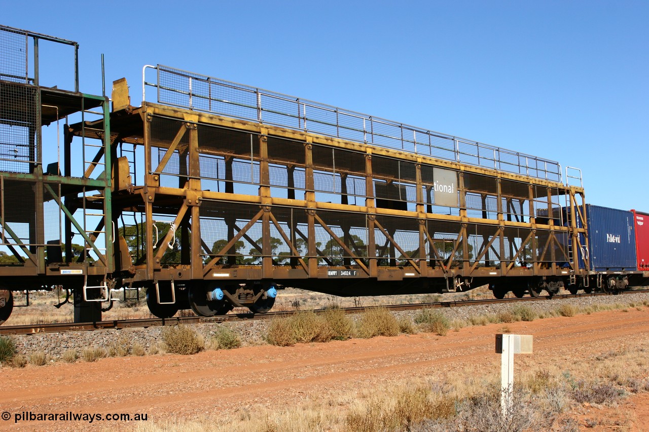 070530 9526
Parkeston, RMWY 34024 triple deck car carrying waggon, built by Comeng NSW in 1975 within the third batch of ten WMX type double deck car carrying waggons, re-coded to WMFX in 1979, converted to triple deck WMGF in 1989 then under National Rail leasing they became RMWY type.
Keywords: RMWY-type;RMWY34024;WAGR-Midland-WS;WMX-type;WMFX-type;WMGF-type;