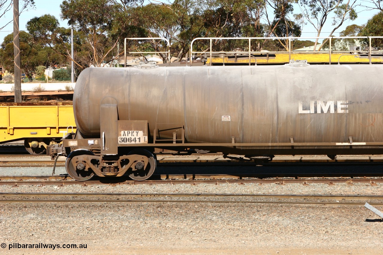 070531 9712
West Kalgoorlie, APKY 30641, leader of two waggons built by WAGR Midland Workshops in 1970 as WK type pneumatic discharge bulk cement waggon, non-handbrake end.
Keywords: APKY-type;APKY30641;WAGR-Midland-WS;WK-type;