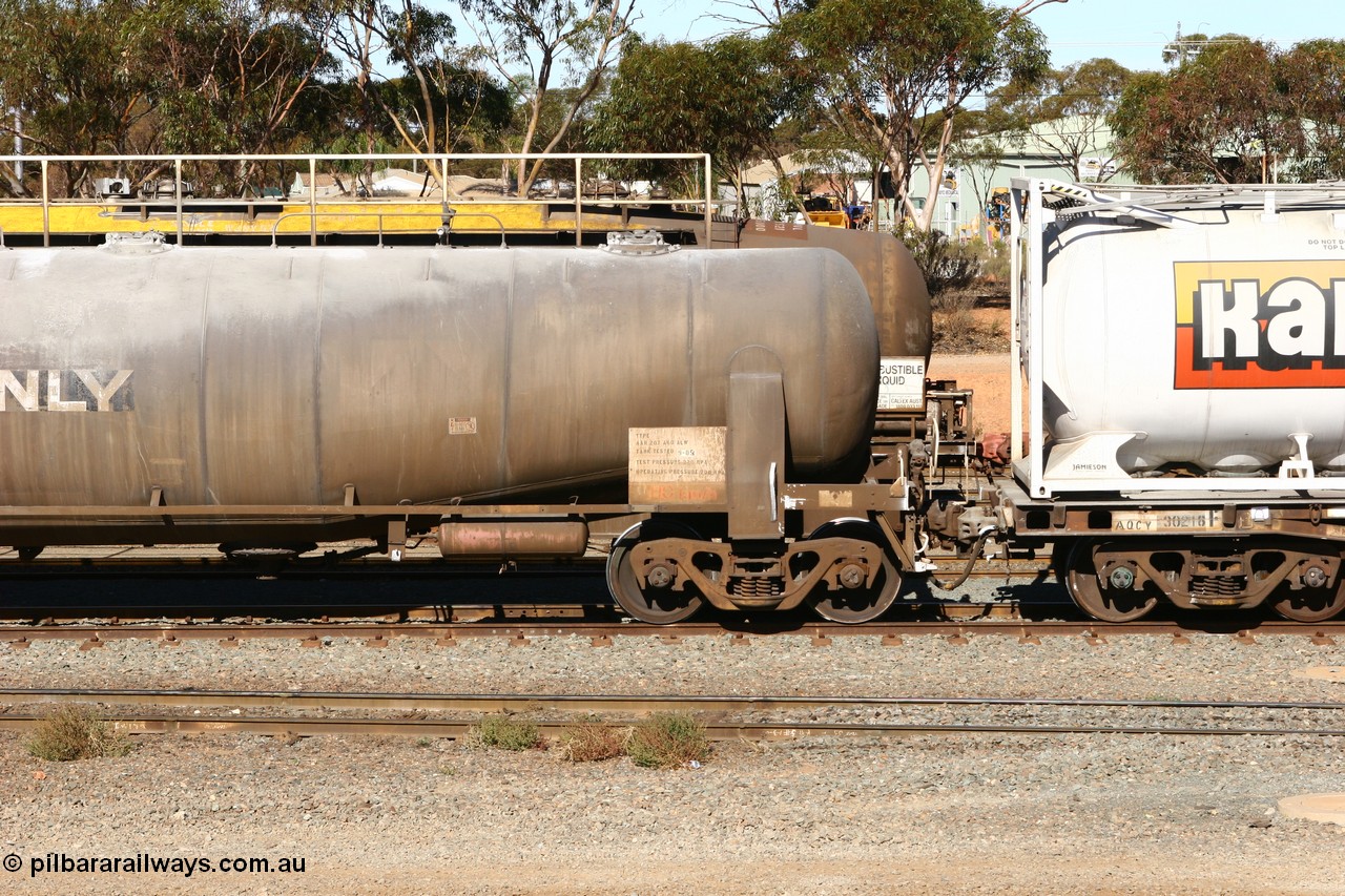 070531 9714
West Kalgoorlie, APKY 30641, leader of two waggons built by WAGR Midland Workshops in 1970 as WK type pneumatic discharge bulk cement waggon, handbrake end.
Keywords: APKY-type;APKY30641;WAGR-Midland-WS;WK-type;