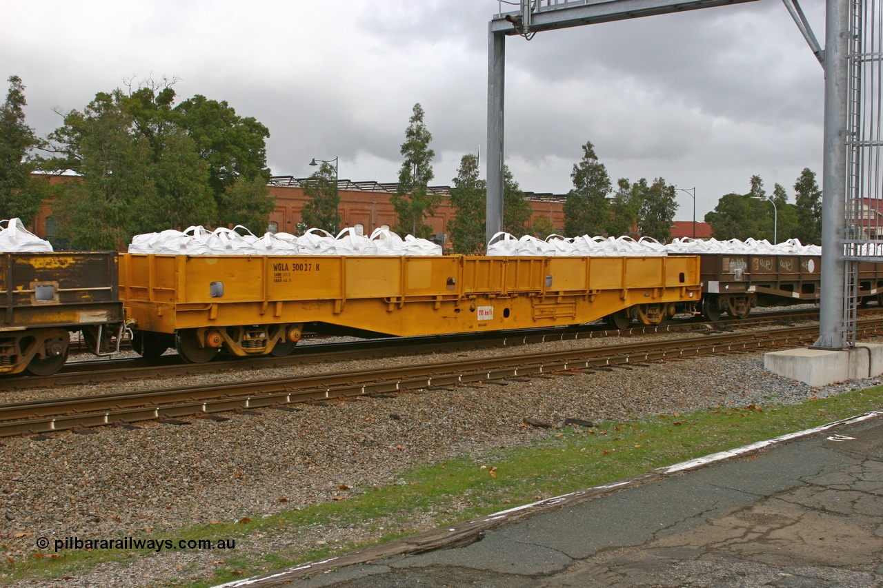 070608 0083
Midland, WGLA 30027 originally built by WAGR Midland Workshops in 1965 as WF type bogie flat waggon, to WFW in 1974, then converted to bagged nickel matte traffic WGLA type in 1984.
Keywords: WGLA-type;WGLA30027;WAGR-Midland-WS;WF-type;WFW-type;WFDY-type;