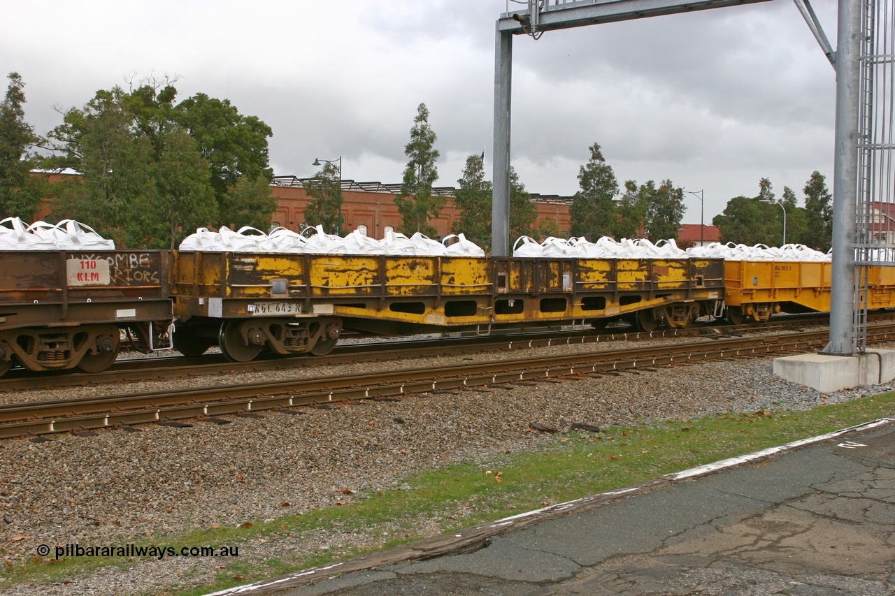 070608 0084
Midland, WGL 643 originally one of ten units built by Westrail Midland Workshops in 1975-76 as WFN type bogie flat waggon for Western Mining Corporation for nickel matte kibble traffic as WFN 607 and converted to WGL for bagged nickel matte in 1984.
Keywords: WGL-type;WGL643;Westrail-Midland-WS;WFN-type;WFN607;