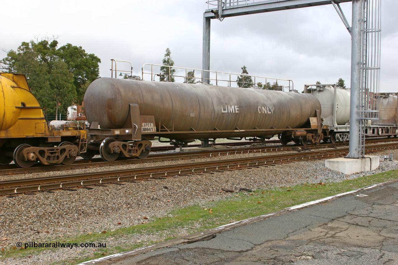 070608 0088
Midland, APKY 30641, type leader of two built by WAGR Midland Workshops in 1970 as WK type pneumatic discharge bulk cement waggon, seen here in Cockburn Cement traffic.
Keywords: APKY-type;APKY30641;WAGR-Midland-WS;WK-type;