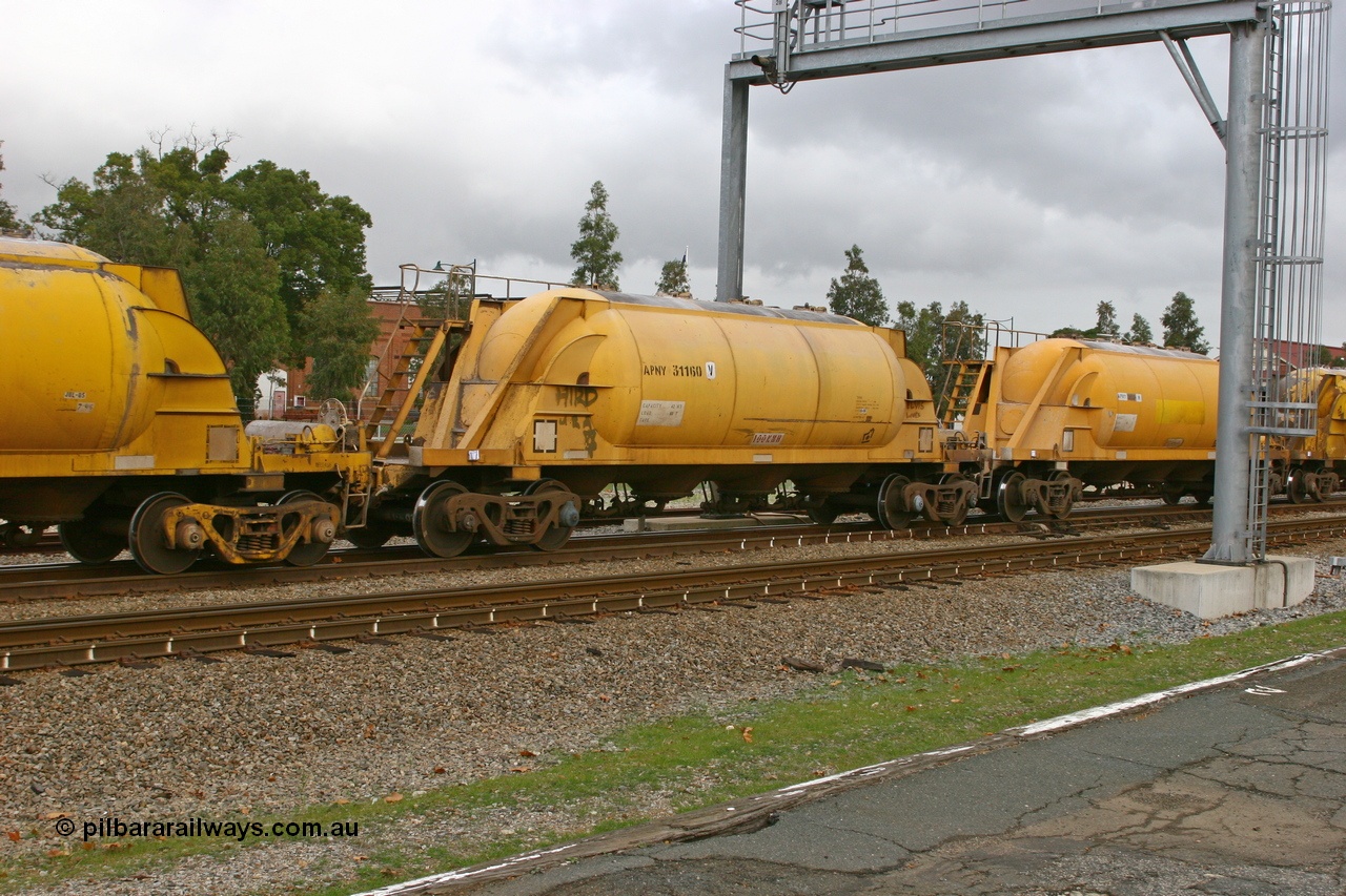 070608 0091
Midland, APNY 31160, one of twelve built by WAGR Midland Workshops in 1974 as WNA type pneumatic discharge nickel concentrate waggon, WAGR built and owned copies of the AE Goodwin built WN waggons for WMC.
Keywords: APNY-type;APNY31160;WAGR-Midland-WS;WNA-type;