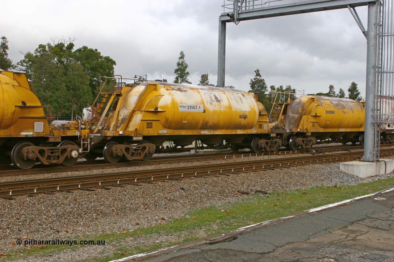 070608 0096
Midland, APNY 31167, one of two built by Westrail Midland Workshops in 1979 as WNA type pneumatic discharge nickel concentrate waggon, WAGR built and owned copies of the AE Goodwin built WN waggons for WMC.
Keywords: APNY-type;APNY31167;Westrail-Midland-WS;WNA-type;