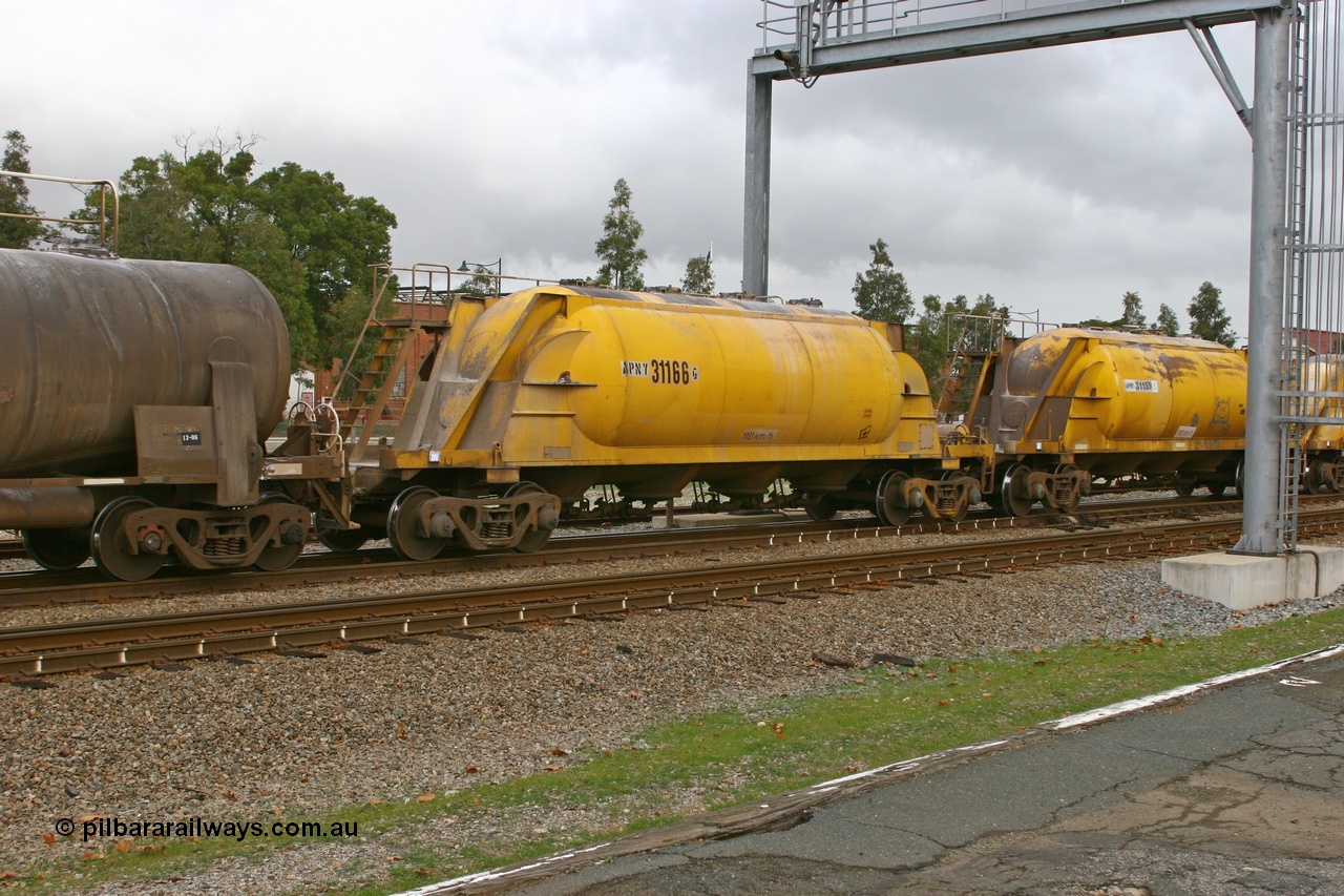 070608 0098
Midland, APNY 31166, one of four built by Westrail Midland Workshops in 1978 as WNA type pneumatic discharge nickel concentrate waggon, WAGR built and owned copies of the AE Goodwin built WN waggons for WMC.
Keywords: APNY-type;APNY31166;Westrail-Midland-WS;WNA-type;