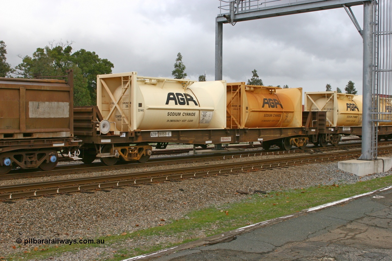 070608 0102
Midland, AZDY 30757, one of about fourteen WBAX vans converted to AZDY type sodium cyanide container waggon, originally built by WAGR Midland Workshops as one of seventy five WV/X type covered vans in 1967-68, converted late 1988/9 to WQDF.
Keywords: AZDY-type;AZDY30757;WAGR-Midland-WS;WVX-type;VWV-type;WBAX-type;WQDF-type;WQDY-type;