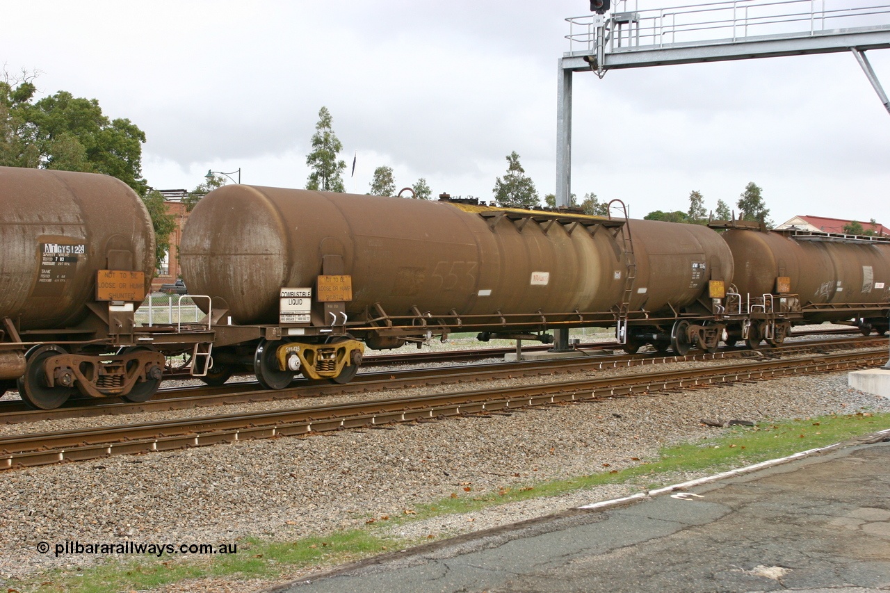 070608 0107
Midland, ATMY 553 fuel tank waggon, built by Tulloch Ltd NSW for BP Oil in 1971 as WJM type, capacity of 102000 litres, diesel capacity of 76000 litres.
Keywords: ATMY-type;ATMY553;Tulloch-Ltd-NSW;WJM-type;