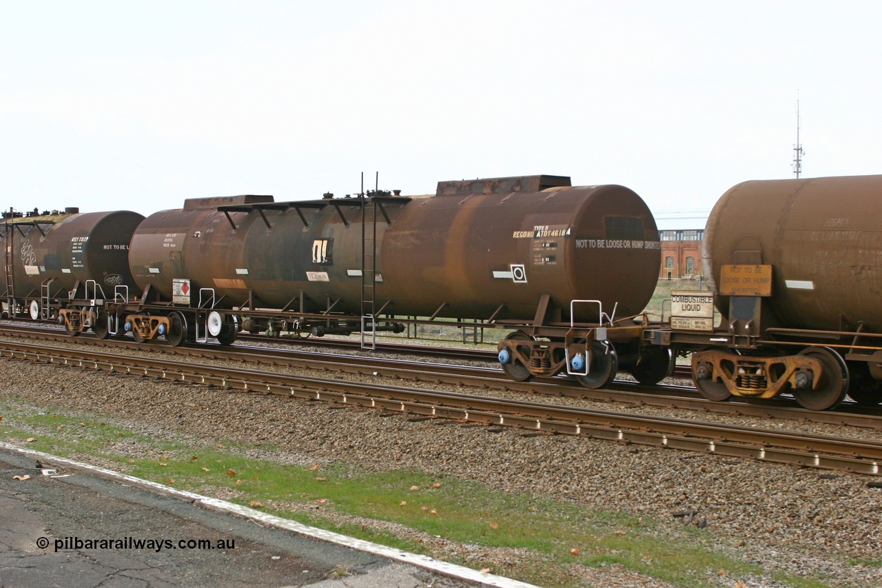 070608 0109
Midland, ATDY 4618 fuel tank waggon, ex NSW and former NTAF in service carting petrol for BP Oil, former AMPOL tank, coded WTDY when arrived in WA.
Keywords: ATDY-type;ATDY4618;NTAF-type;WTDY-type;