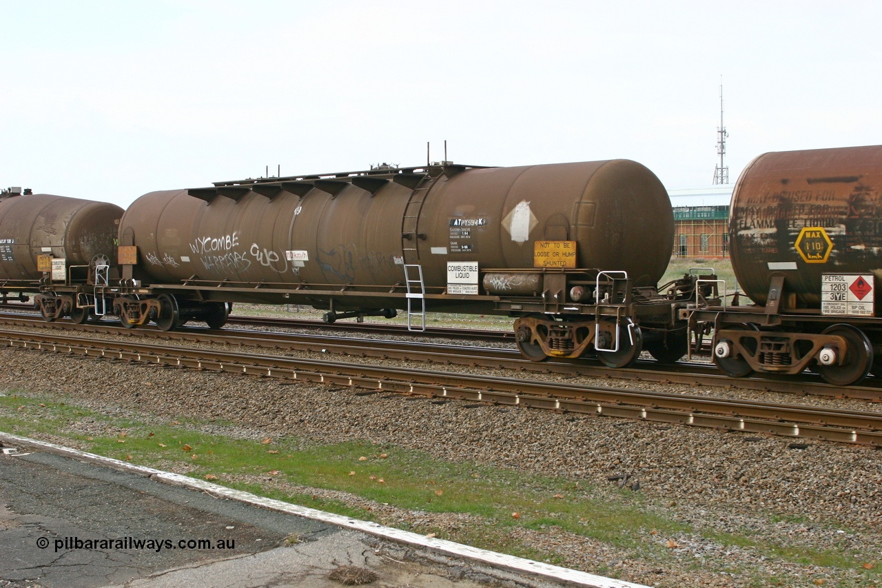 070608 0112
Midland, ATPY 594 fuel tank waggon built by WAGR Midland Workshops in 1976 as one of four WJP type for AMPOL, capacity of 80500 litres, here in Caltex service.
Keywords: ATPY-type;ATPY594;WAGR-Midland-WS;WJP-type;