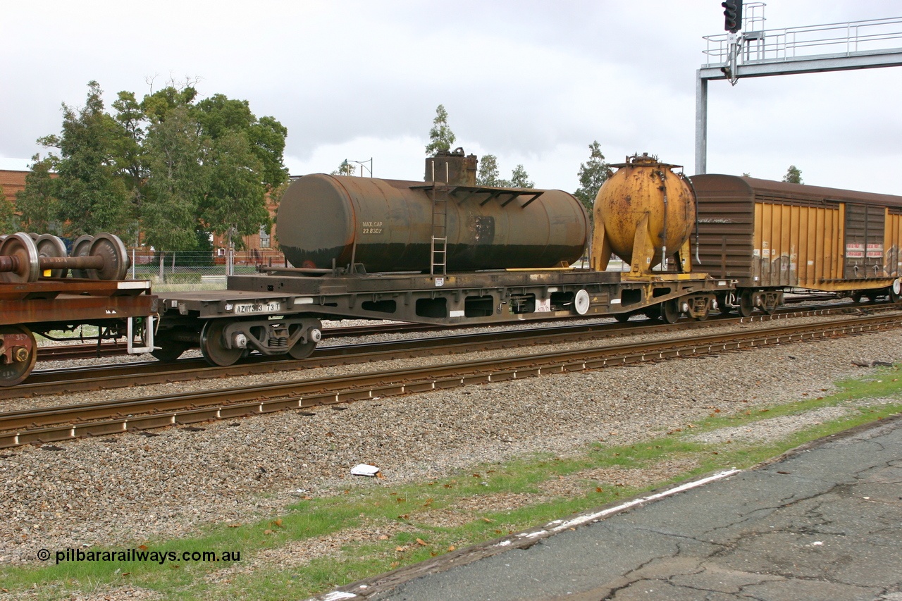070608 0118
Midland, AZWY 30373 'Sputnik' loco oil and sand waggon, originally built as an WFX type flat waggon by Tomlinson Steel in a batch of one hundred and sixty one in 1969-70. Recoded to WQCX type in 1980 and to WSP type waste oil and sand waggon in 1986.
Keywords: AZWY-type;AZWY30373;Tomlinson-Steel-WA;WFX-type;WQCX-type;WSP-type;