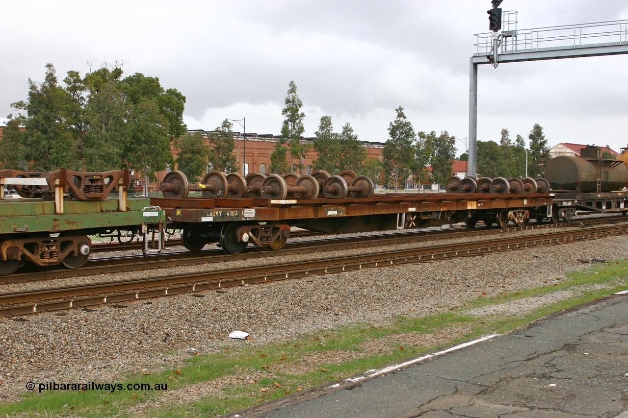 070608 0119
Midland, AZVY type departmental wheel set carrier waggon AZVY 4193, built by Transfield WA 1976 for Commonwealth Railways as one of two hundred GOX type open waggons, recoded to AOOX, in 1993 to AOSX type. In service with ARG as a wheel set transport waggon in West Kalgoorlie loco traffic.
Keywords: AZVY-type;AZVY4193;Transfield-WA;GOX-type;AOOX-type;AOSX-type;