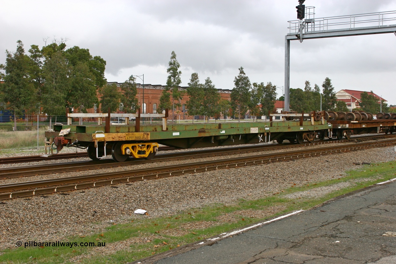 070608 0120
Midland, AZVY type departmental wheel set carrier waggon AZVY 2829, built by Transfield WA 1976 for Commonwealth Railways as one of two hundred GOX type open waggons. Recoded to AOOX, then in 1992 modified to AZVY.
Keywords: AZVY-type;AZVY2892;Transfield-WA;GOX-type;AOOX-type;AZVL-type;