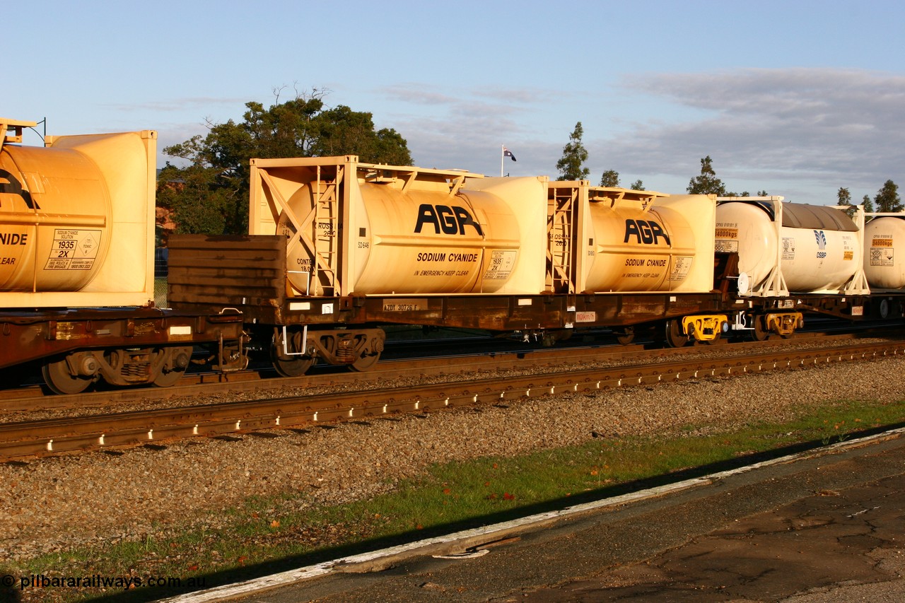 070609 0185
Midland, AZDY 30726, one of about fourteen WBAX vans converted to AZDY type sodium cyanide container waggon, originally built by WAGR Midland Workshops as one of seventy five WV/X type covered vans in 1967-68, converted late 1988/9 to WQDF.
Keywords: AZDY-type;AZDY30726;WAGR-Midland-WS;WVX-type;VWV-type;WBAX-type;WQDY-type;
