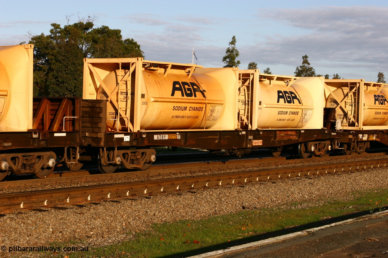 070609 0186
Midland, AZDY 30719, one of about fourteen WBAX vans converted to AZDY type sodium cyanide container waggon, originally built by WAGR Midland Workshops as one of seventy five WV/X type covered vans in 1967-68 and converted to VWV type for narrow gauge in 1967 and recoded back in 1968. Converted late 1988/9 to WQDF.
Keywords: AZDY-type;AZDY30719;WAGR-Midland-WS;VWV-type;WVX-type;WBAX-type;WQDF-type;