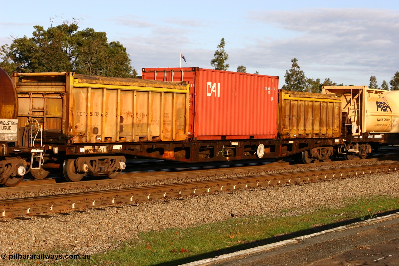 070609 0188
Midland, AQCY 30335 container waggon, one of one hundred and sixty one units built by Tomlinson Steel WA in 1969-70 as WFX type, one of twenty five converted to narrow gauge in 1970 as QWF, then back to standard gauge in 1972 as WFX, then recoded to WQCX in 1979, with two Westrail COB type 20' tarp top containers COB 5832 and COB 5759 and a 20' 22G1 type CAI container.
Keywords: AQCY-type;AQCY30335;Tomlinson-Steel-WA;WFX-type;QWF-type;WQCX-type;