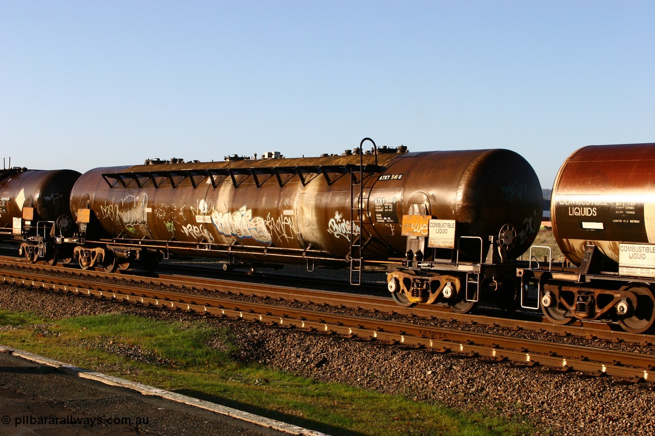 070609 0195
Midland, ATKY 541 fuel tank waggon originally built for H C Sleigh (Golden Fleece) in 1975 by Tulloch Ltd NSW as WJK type. Capacity now of 73000 litres in service with Caltex.
Keywords: ATKY-type;ATKY541;Tulloch-Ltd-NSW;WJK-type;
