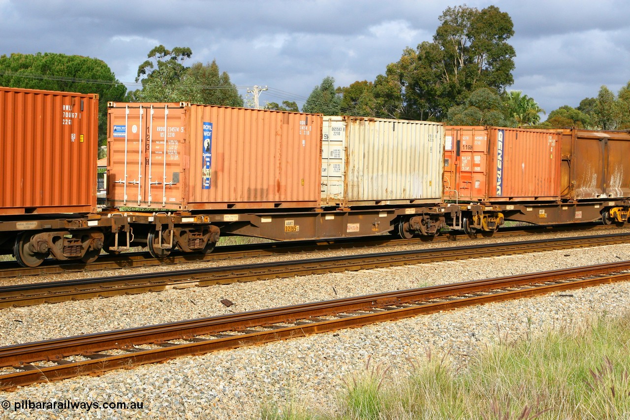 070613 0052
Woodbridge, AQNY 32195 container waggon, one of sixty two waggons built by Goninan WA in 1998 as WQN type for Murrin Murrin container traffic, with two 20' 2210 type containers Royal Wolf RRDU 234574 and unidentified 065583.
Keywords: AQNY-type;AQNY32195;Goninan-WA;WQN-type;