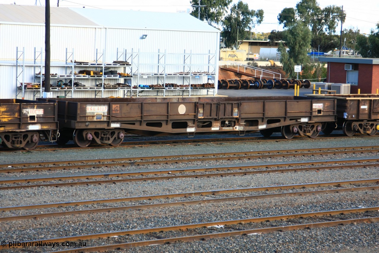 100601 8428
West Kalgoorlie, WGL 633 originally one of three units built by Westrail Midland Workshops in 1976-7 as WGL type bogie flat waggon for Western Mining Corporation for bagged nickel matte traffic.
Keywords: WGL-type;WGL633;Westrail-Midland-WS;