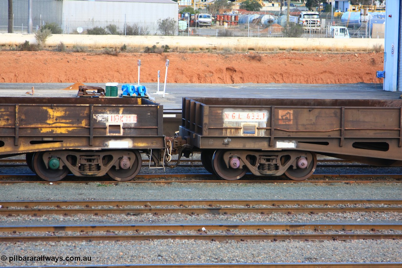 100601 8429
West Kalgoorlie, WGL 633 originally one of three units built by Westrail Midland Workshops in 1976-77 as WGL type bogie flat waggon for Western Mining Corporation for bagged nickel matte traffic, coupled to WGL 639 originally one of ten units built by Westrail Midland Workshops in 1975-76 as WFN type bogie flat waggon for Western Mining Corp. for nickel matte kibble traffic as WFN 603 and converted to WGL for bagged nickel matte in 1984.
Keywords: WGL-type;WGL633;Westrail-Midland-WS;