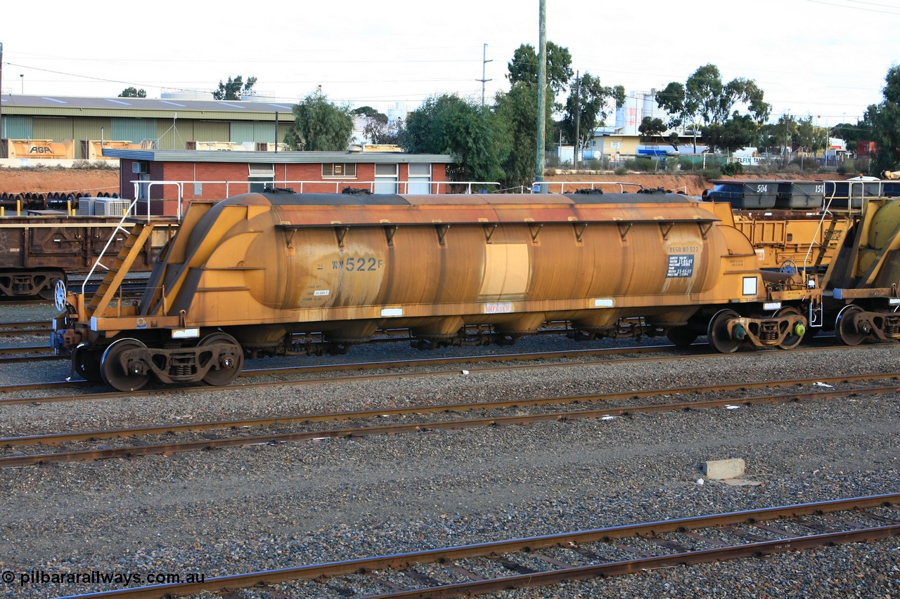 100601 8430
West Kalgoorlie, WN 522, pneumatic discharge nickel concentrate waggon, one of thirty built by AE Goodwin NSW as WN type in 1970 for WMC.
Keywords: WN-type;WN522;AE-Goodwin;