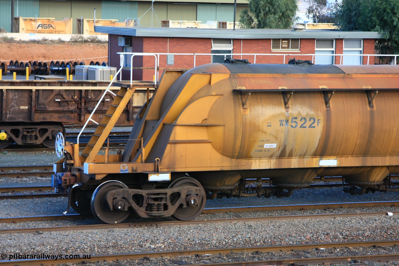 100601 8431
West Kalgoorlie, WN 522, pneumatic discharge nickel concentrate waggon, one of thirty built by AE Goodwin NSW as WN type in 1970 for WMC.
Keywords: WN-type;WN522;AE-Goodwin;