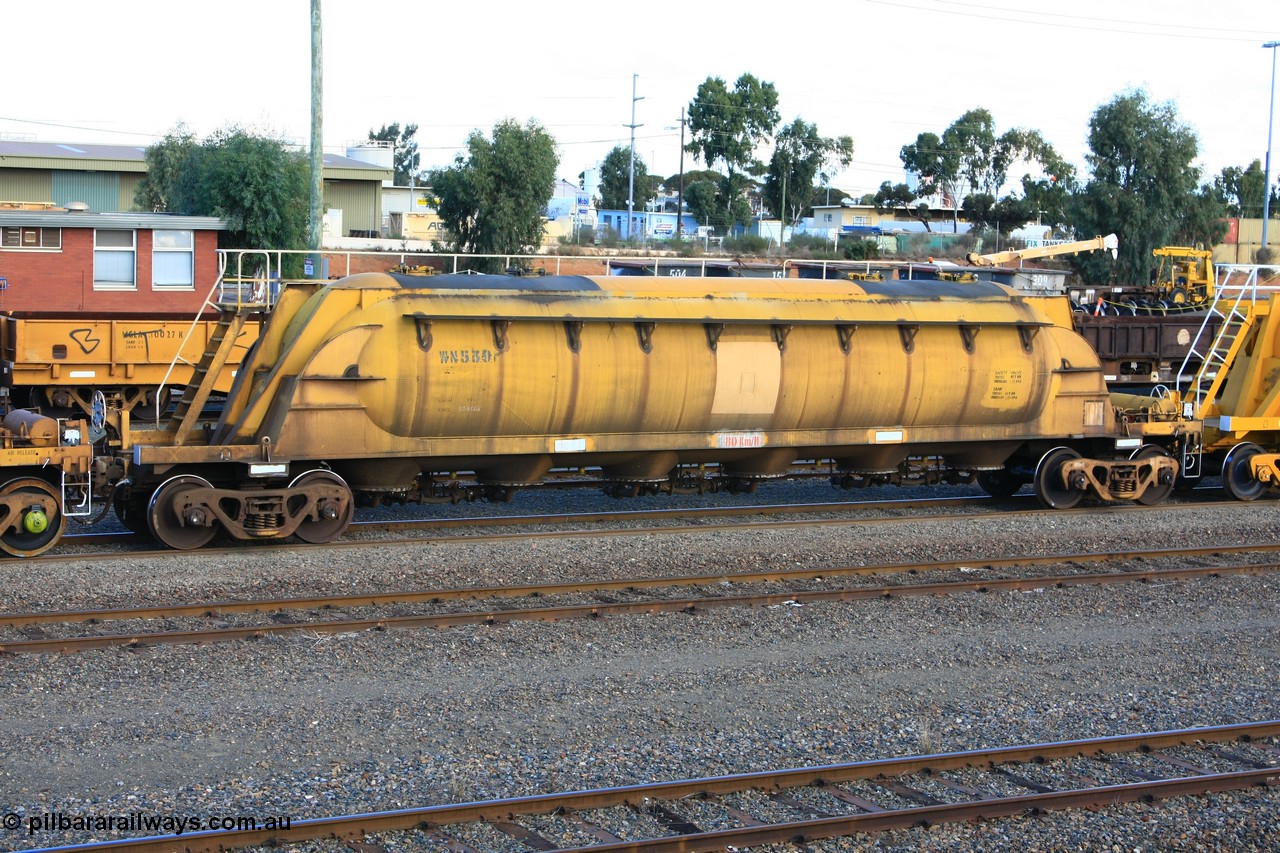 100601 8432
West Kalgoorlie, WN 539, pneumatic discharge nickel concentrate waggon, one of a further ten built by WAGR Midland Workshops as WN type in 1975 for WMC.
Keywords: WN-type;WN539;WAGR-Midland-WS;