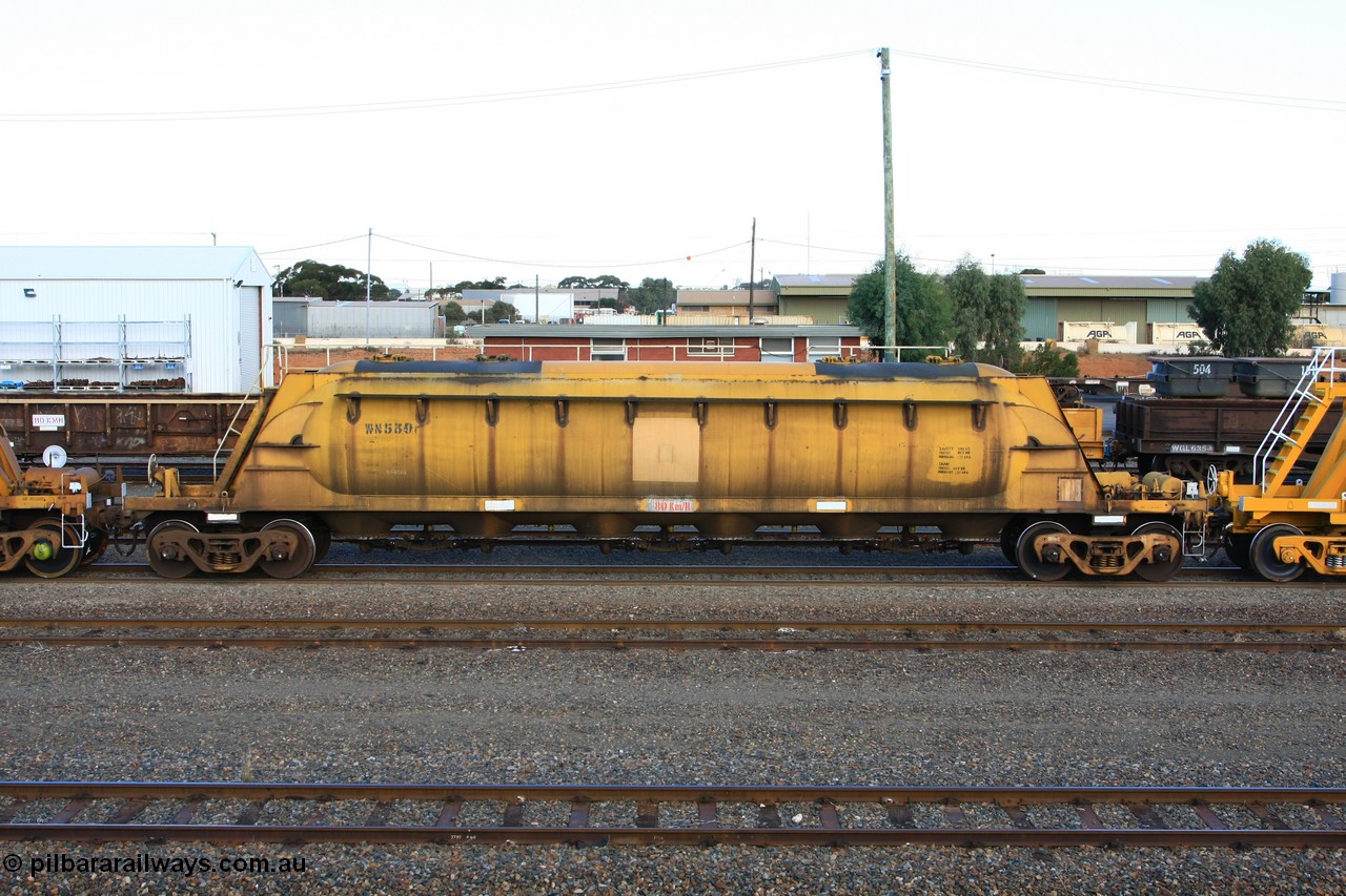 100601 8437
West Kalgoorlie, WN 539, pneumatic discharge nickel concentrate waggon, one of a further ten built by WAGR Midland Workshops as WN type in 1975 for WMC.
Keywords: WN-type;WN539;WAGR-Midland-WS;