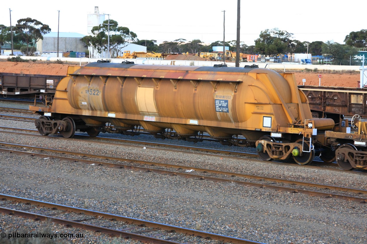 100601 8438
West Kalgoorlie, WN 522, pneumatic discharge nickel concentrate waggon, one of thirty built by AE Goodwin NSW as WN type in 1970 for WMC.
Keywords: WN-type;WN522;AE-Goodwin;
