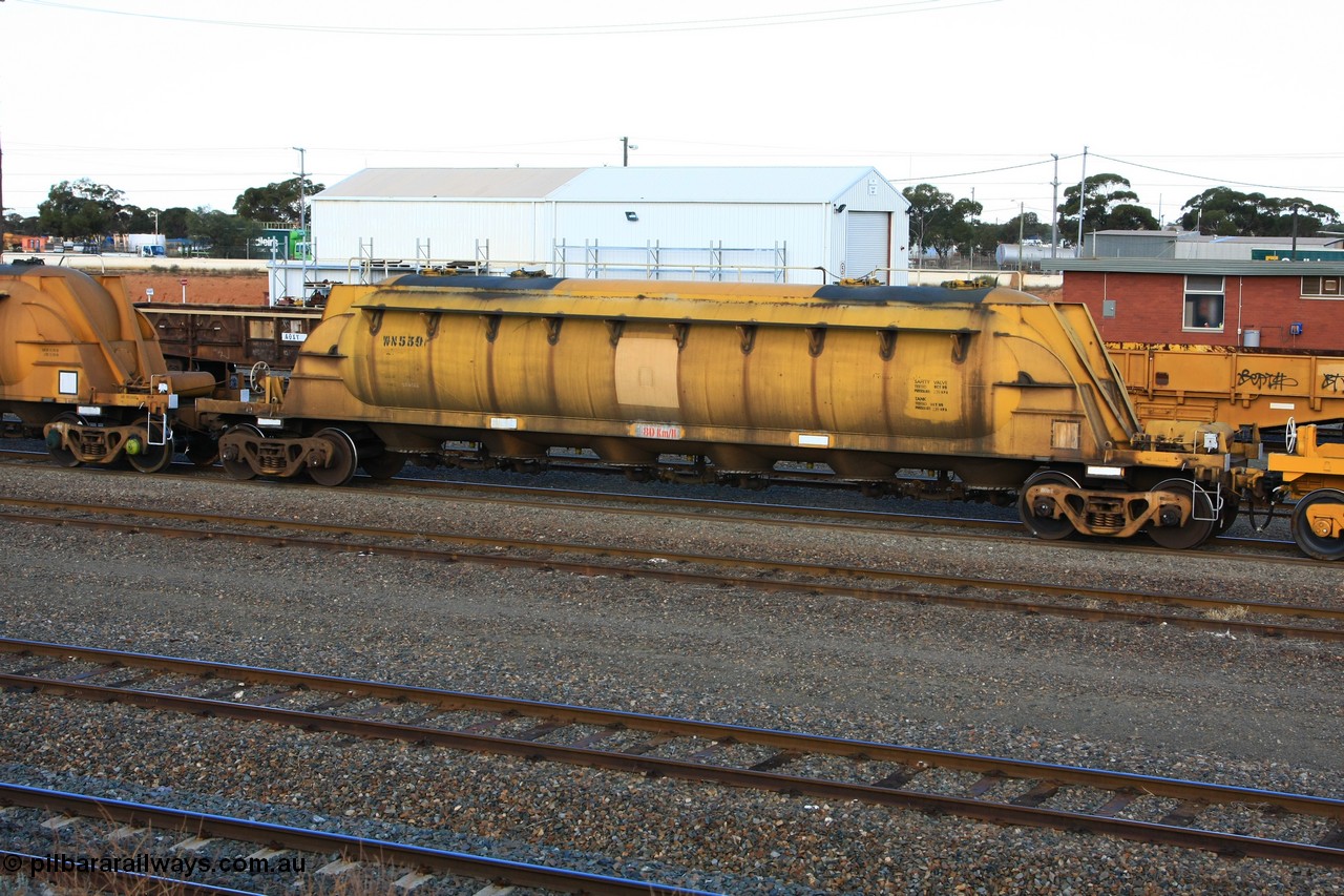 100601 8439
West Kalgoorlie, WN 539, pneumatic discharge nickel concentrate waggon, one of a further ten built by WAGR Midland Workshops as WN type in 1975 for WMC.
Keywords: WN-type;WN539;WAGR-Midland-WS;