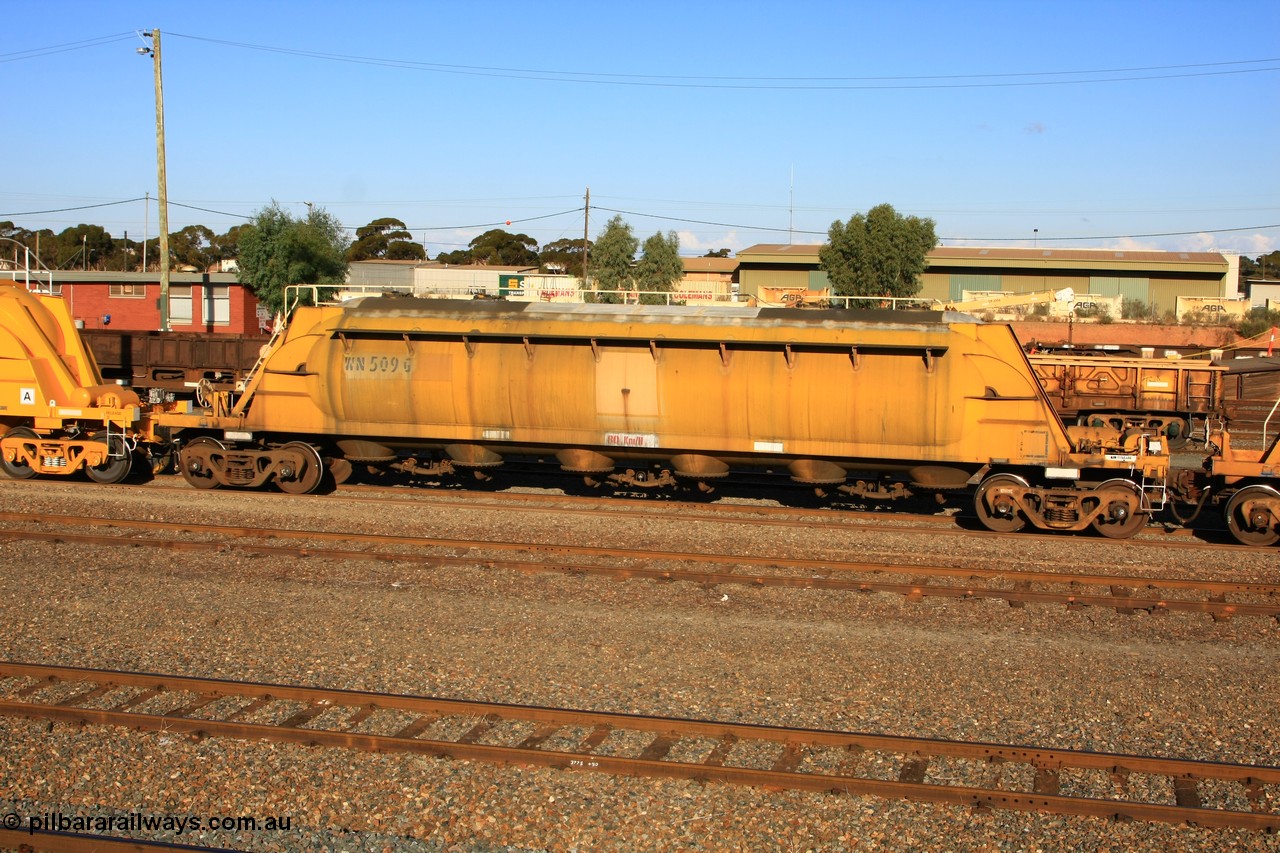 100601 8443
West Kalgoorlie, WN 509, pneumatic discharge nickel concentrate waggon, one of thirty built by AE Goodwin NSW as WN type in 1970 for WMC.
Keywords: WN-type;WN509;AE-Goodwin;