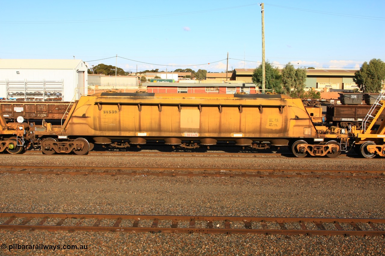 100601 8447
West Kalgoorlie, WN 539, pneumatic discharge nickel concentrate waggon, one of a further ten built by WAGR Midland Workshops as WN type in 1975 for WMC.
Keywords: WN-type;WN539;WAGR-Midland-WS;