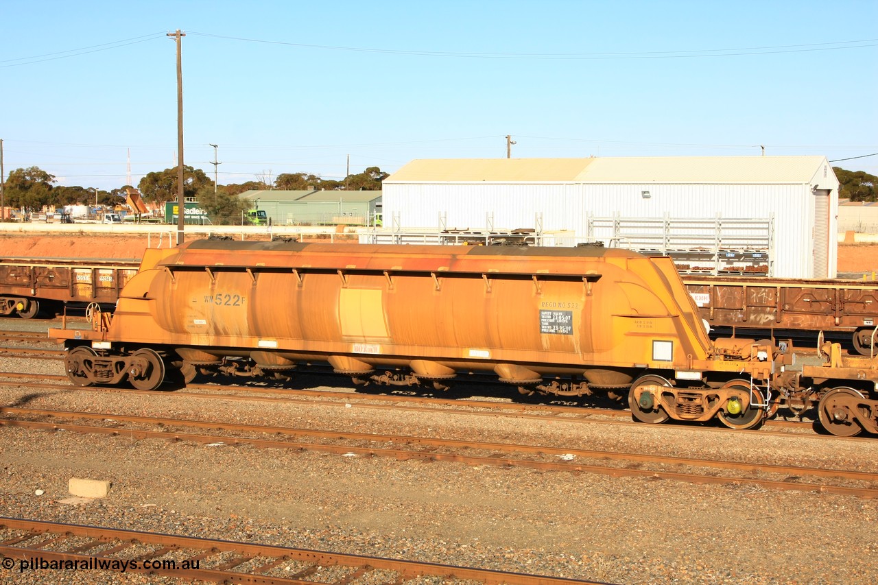 100601 8449
West Kalgoorlie, WN 522, pneumatic discharge nickel concentrate waggon, one of thirty built by AE Goodwin NSW as WN type in 1970 for WMC.
Keywords: WN-type;WN522;AE-Goodwin;