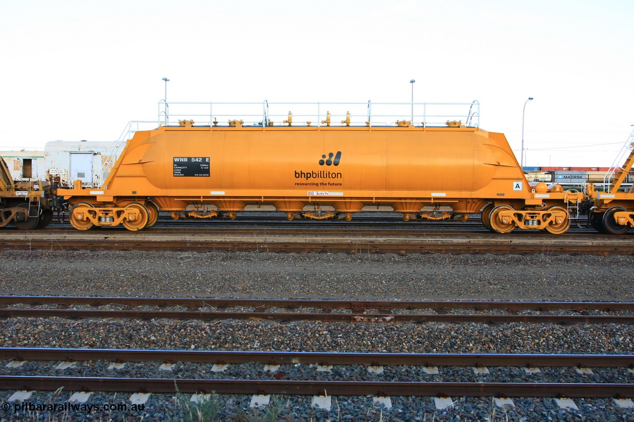 100601 8453
West Kalgoorlie, WNB type pneumatic discharge nickel concentrate waggon WNB 542, one of six units built by Bluebird Rail Services SA in 2010 for BHP Billiton.
Keywords: WNB-type;WNB542;Bluebird-Rail-Operations-SA;