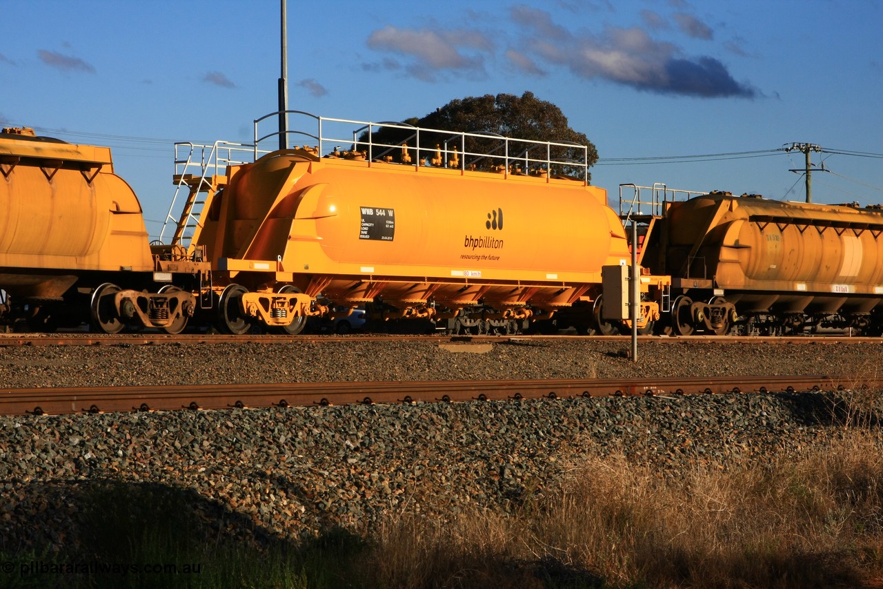 100601 8455
West Kalgoorlie, WNB 544, pneumatic discharge nickel concentrate waggon, one of six units built by Bluebird Rail Services SA in 2010 for BHP Billiton.
Keywords: WNB-type;WNB544;Bluebird-Rail-Operations-SA;
