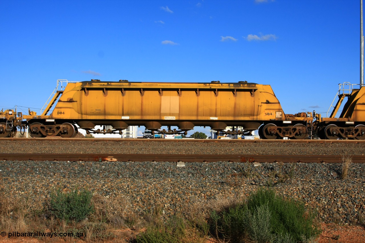 100601 8458
West Kalgoorlie, WN 504, pneumatic discharge nickel concentrate waggon, one of thirty units built by AE Goodwin NSW as WN type in 1970 for WMC.
Keywords: WN-type;WN504;AE-Goodwin;