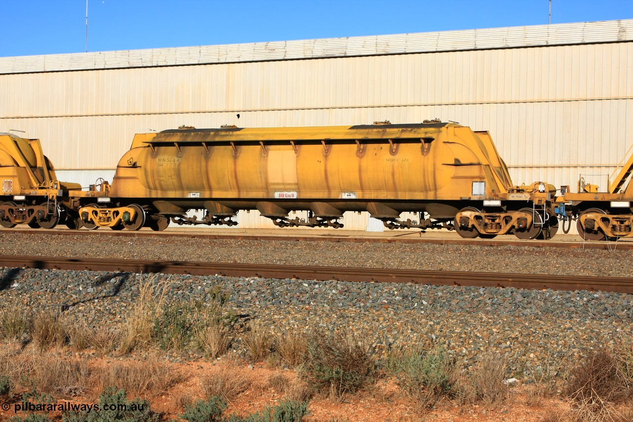 100601 8461
West Kalgoorlie, WN 524, pneumatic discharge nickel concentrate waggon, one of thirty units built by AE Goodwin NSW as WN type in 1970 for WMC.
Keywords: WN-type;WN524;AE-Goodwin;