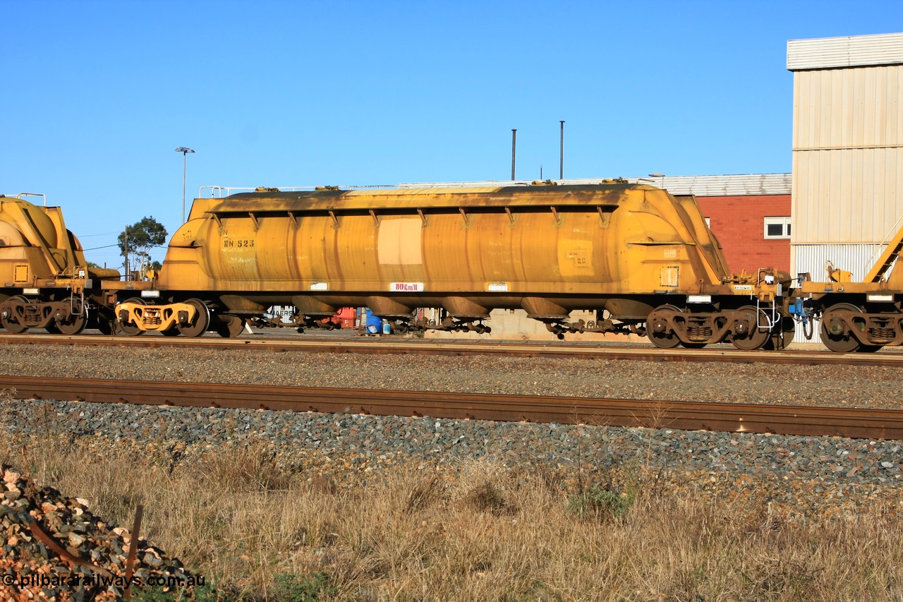 100601 8463
West Kalgoorlie, WN 523, pneumatic discharge nickel concentrate waggon, one of thirty units built by AE Goodwin NSW as WN type in 1970 for WMC.
Keywords: WN-type;WN523;AE-Goodwin;