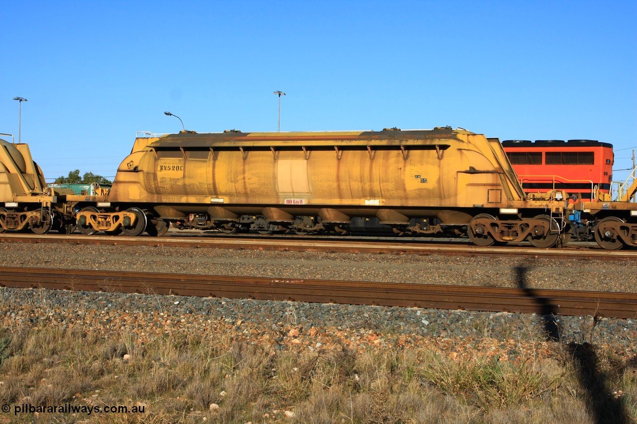 100601 8465
West Kalgoorlie, WN 520, pneumatic discharge nickel concentrate waggon, one of thirty units built by AE Goodwin NSW as WN type in 1970 for WMC.
Keywords: WN-type;WN520;AE-Goodwin;