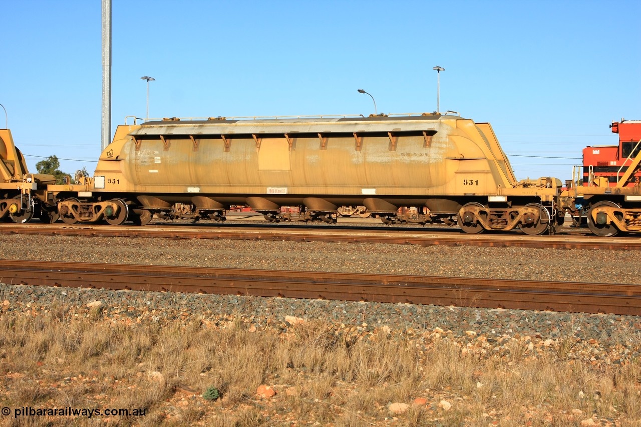 100601 8467
West Kalgoorlie, WN type pneumatic discharge nickel concentrate waggon WN 531, first of a further ten built by WAGR Midland Workshops as WN type in 1975 for WMC.
Keywords: WN-type;WN531;WAGR-Midland-WS;