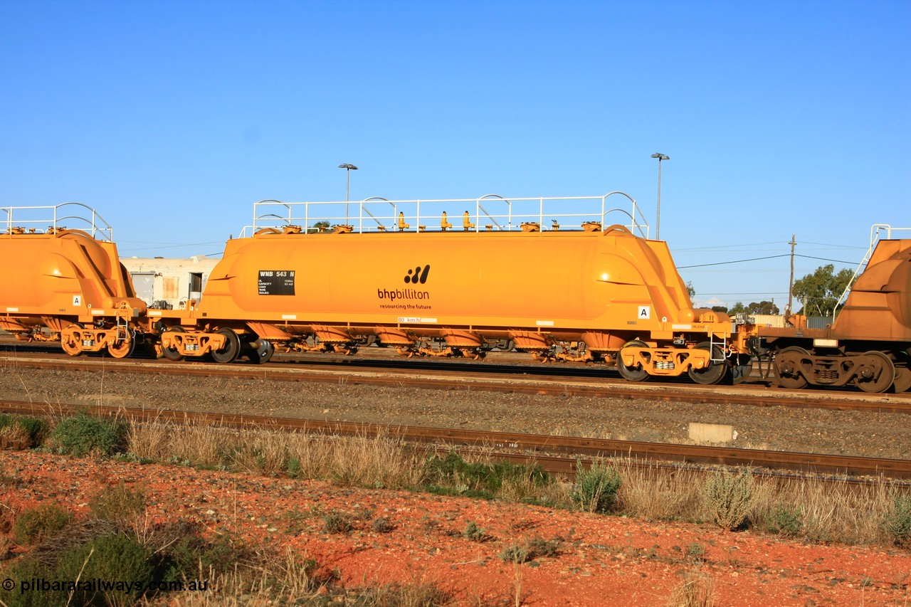 100601 8473
West Kalgoorlie, WNB 543, pneumatic discharge nickel concentrate waggon, one of six units built by Bluebird Rail Services SA in 2010 for BHP Billiton.
Keywords: WNB-type;WNB543;Bluebird-Rail-Operations-SA;