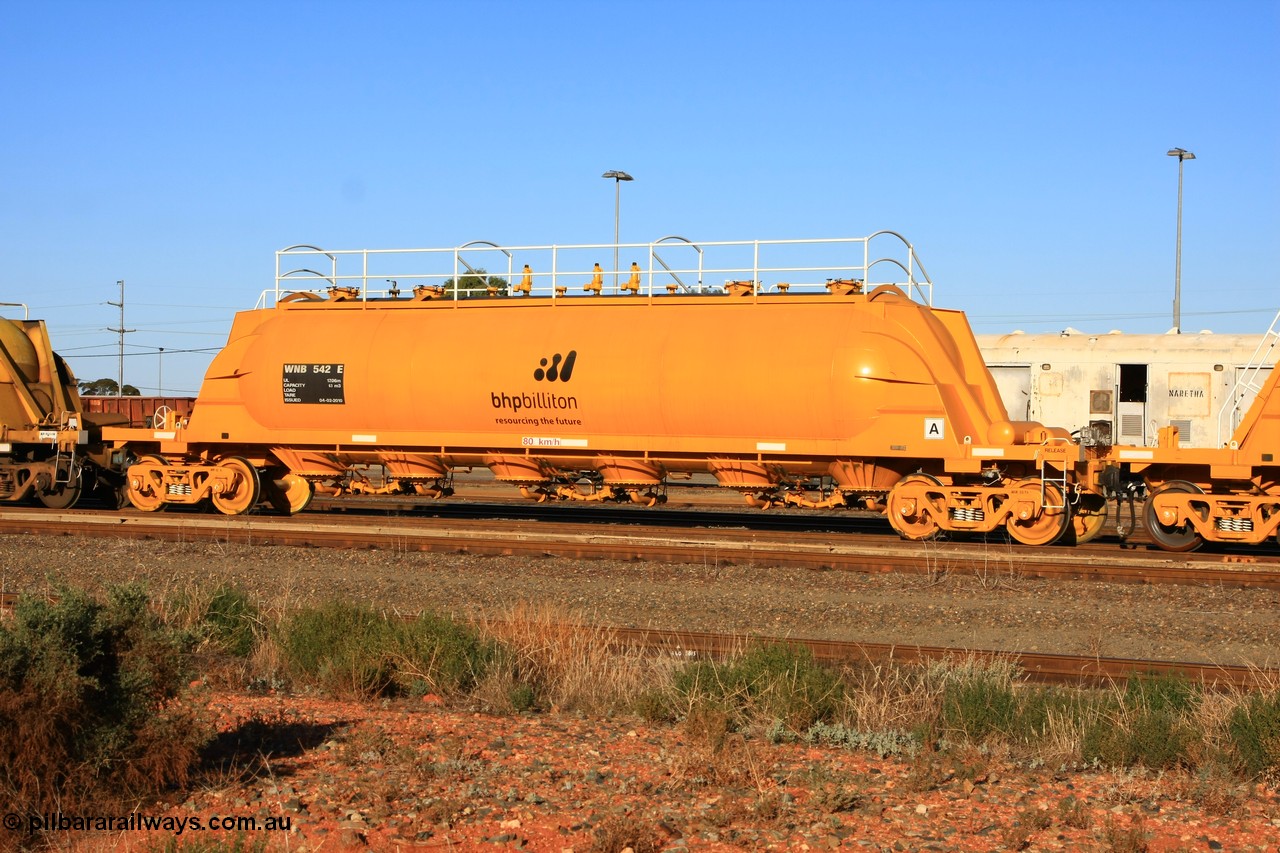 100601 8474
West Kalgoorlie, WNB type pneumatic discharge nickel concentrate waggon WNB 542, one of six units built by Bluebird Rail Services SA in 2010 for BHP Billiton.
Keywords: WNB-type;WNB542;Bluebird-Rail-Operations-SA;