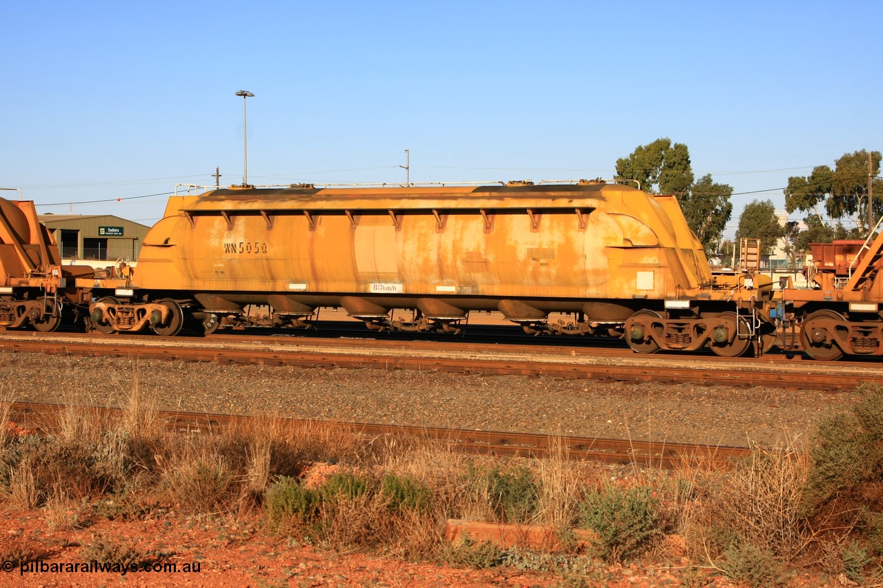 100601 8478
West Kalgoorlie, WN 505, pneumatic discharge nickel concentrate waggon, one of thirty units built by AE Goodwin NSW as WN type in 1970 for WMC.
Keywords: WN-type;WN505;AE-Goodwin;