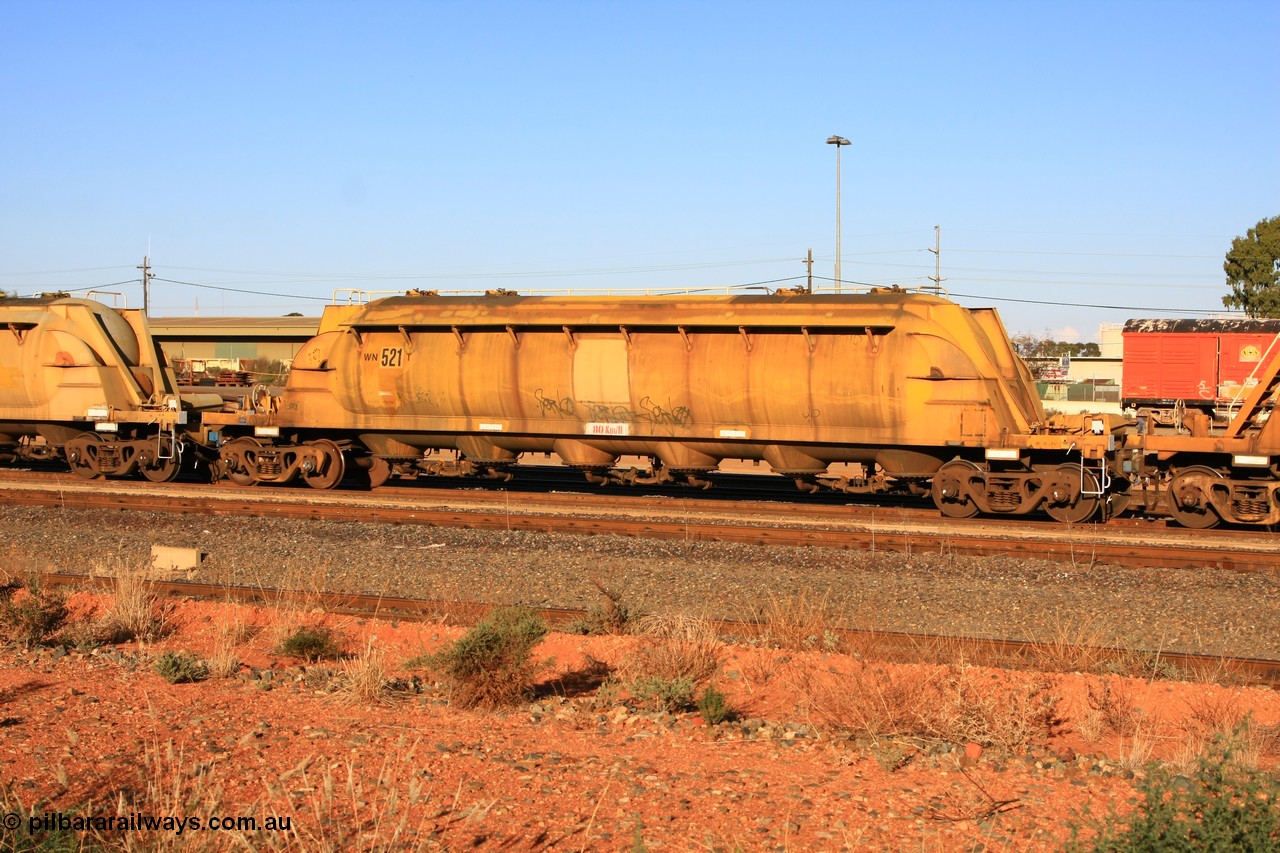 100601 8480
West Kalgoorlie, WN 521, pneumatic discharge nickel concentrate waggon, one of thirty units built by AE Goodwin NSW as WN type in 1970 for WMC.
Keywords: WN-type;WN521;AE-Goodwin;