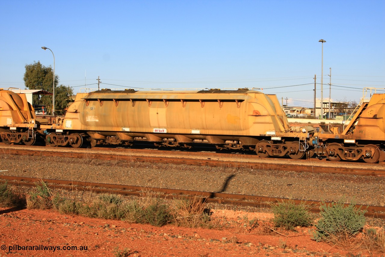 100601 8481
West Kalgoorlie, WN 511, pneumatic discharge nickel concentrate waggon, one of thirty units built by AE Goodwin NSW as WN type in 1970 for WMC.
Keywords: WN-type;WN511;AE-Goodwin;